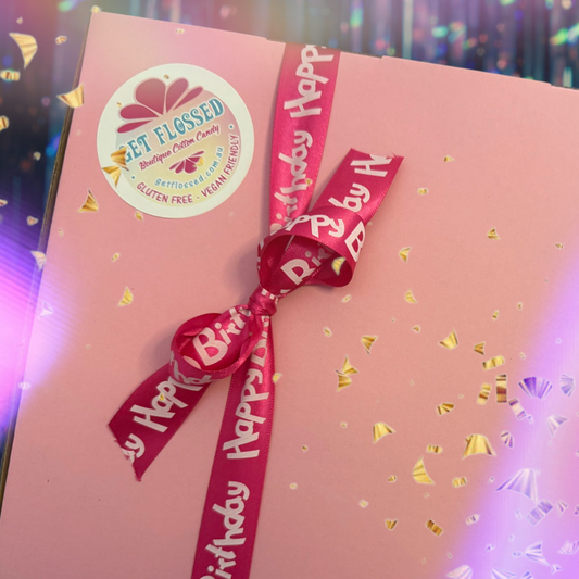 Pink gift box with a red ribbon and 'Happy Birthday' text, against a colorful confetti background.
